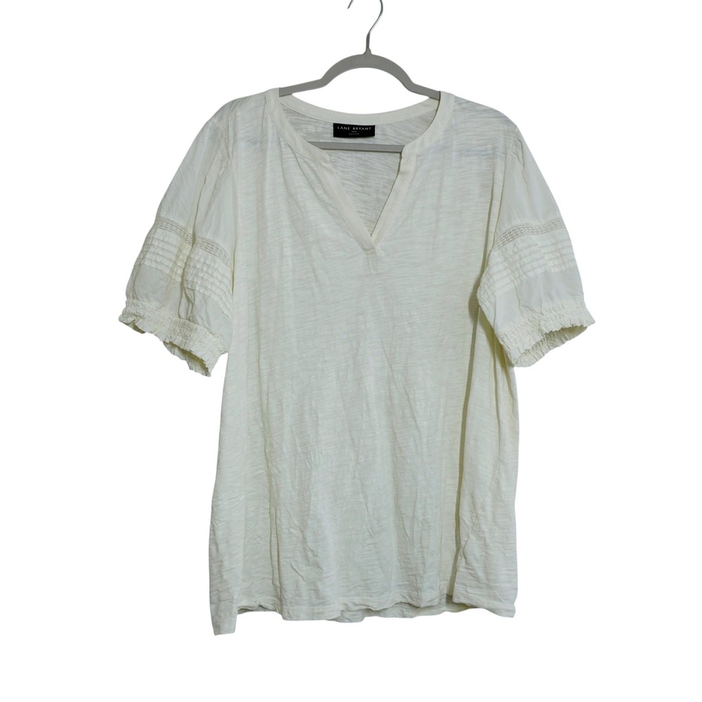 Lane Bryant Size 18/20 Cream Cotton Slub Lace Pintuck Puff Sleeve Top Feminine
